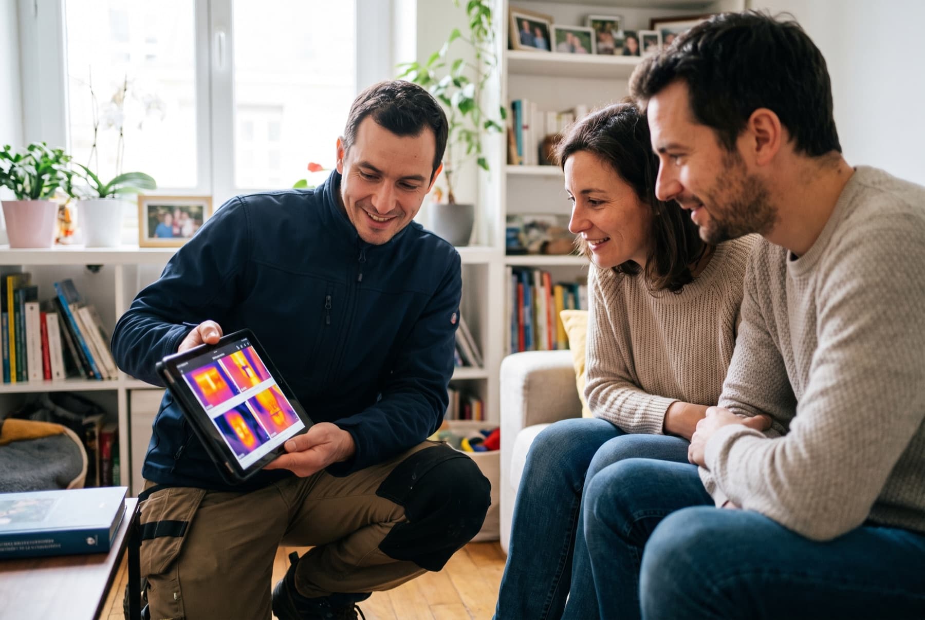 Conseiller en rénovation énergétique présentant une analyse thermique sur tablette à des propriétaires