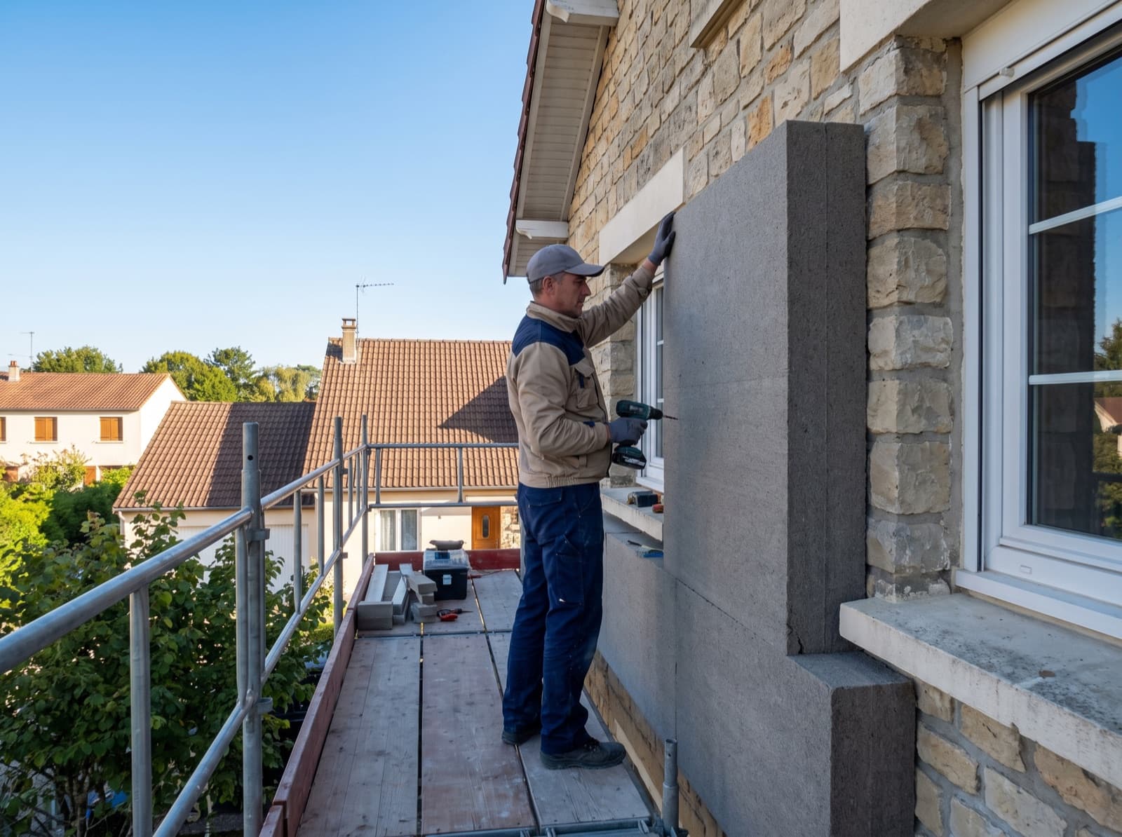 Artisan posant des panneaux d'isolation par l'extérieur sur la façade d'une maison