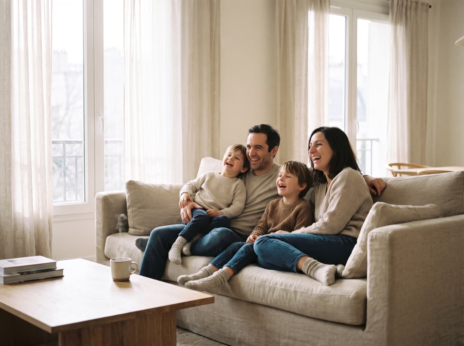 Famille détendue dans son salon lumineux après rénovation énergétique