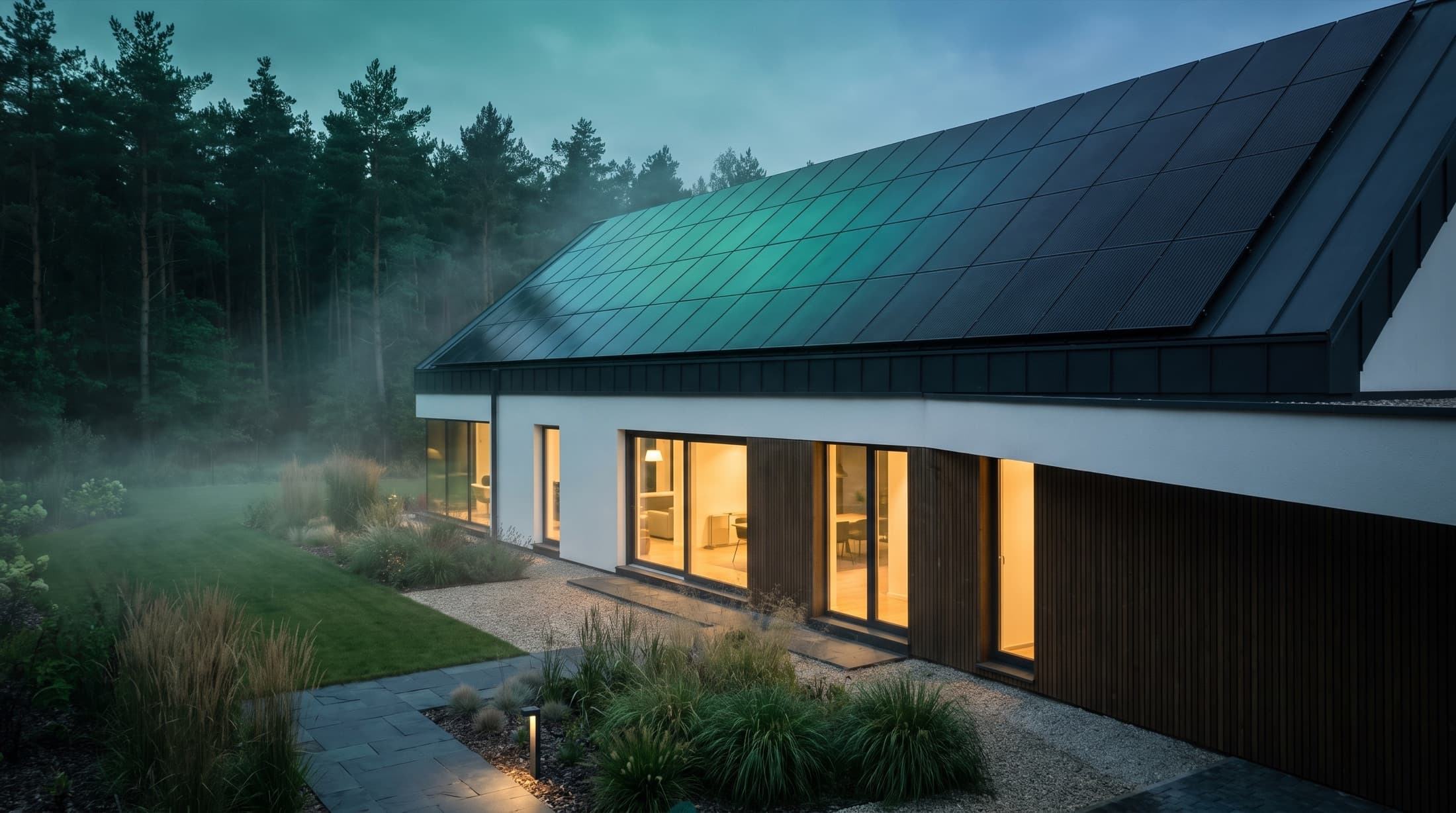 Maison moderne rénovée par Foxrot Énergies, toit en panneaux solaires au crépuscule