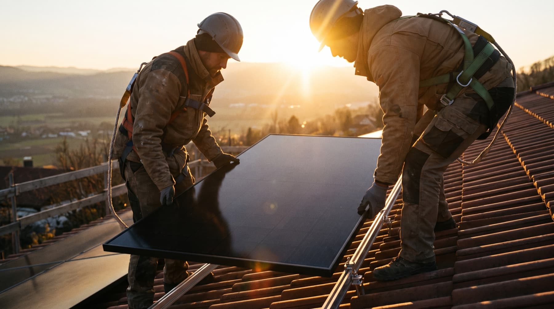 Installateurs certifiés posant un panneau solaire sur un toit au coucher du soleil