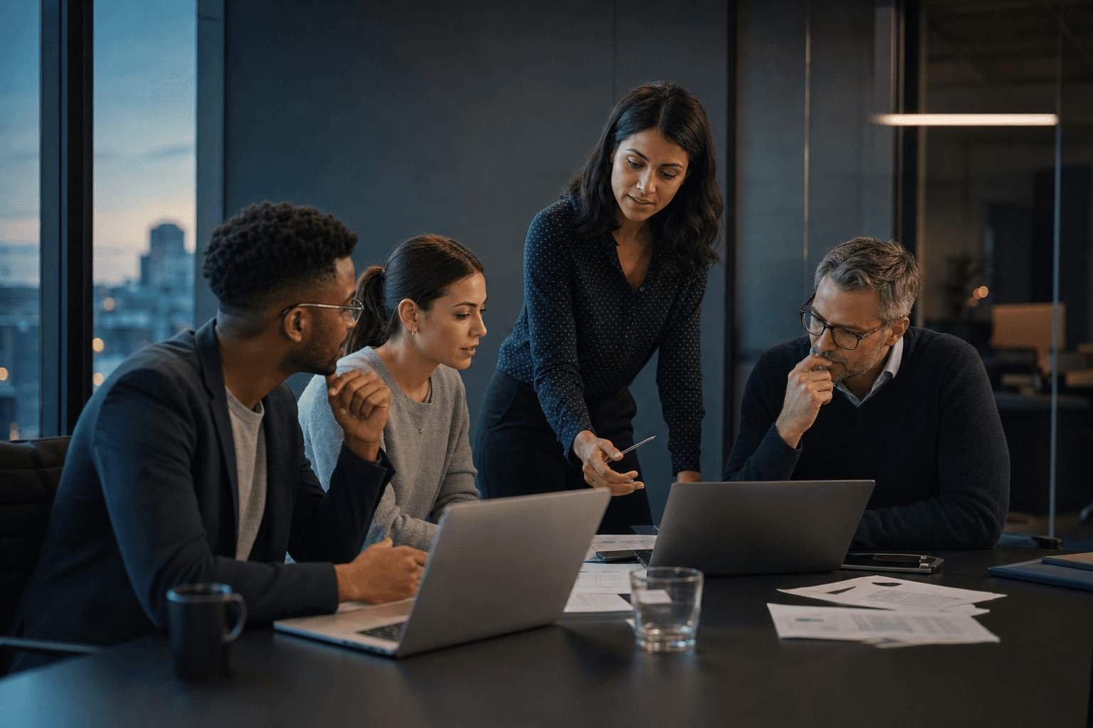 A team collaborating around laptops in a modern office